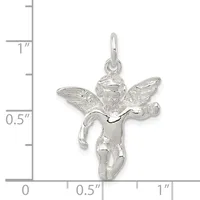 A silver cherub pendant with wings and textured details, shown next to a ruler measuring approximately one inch tall.