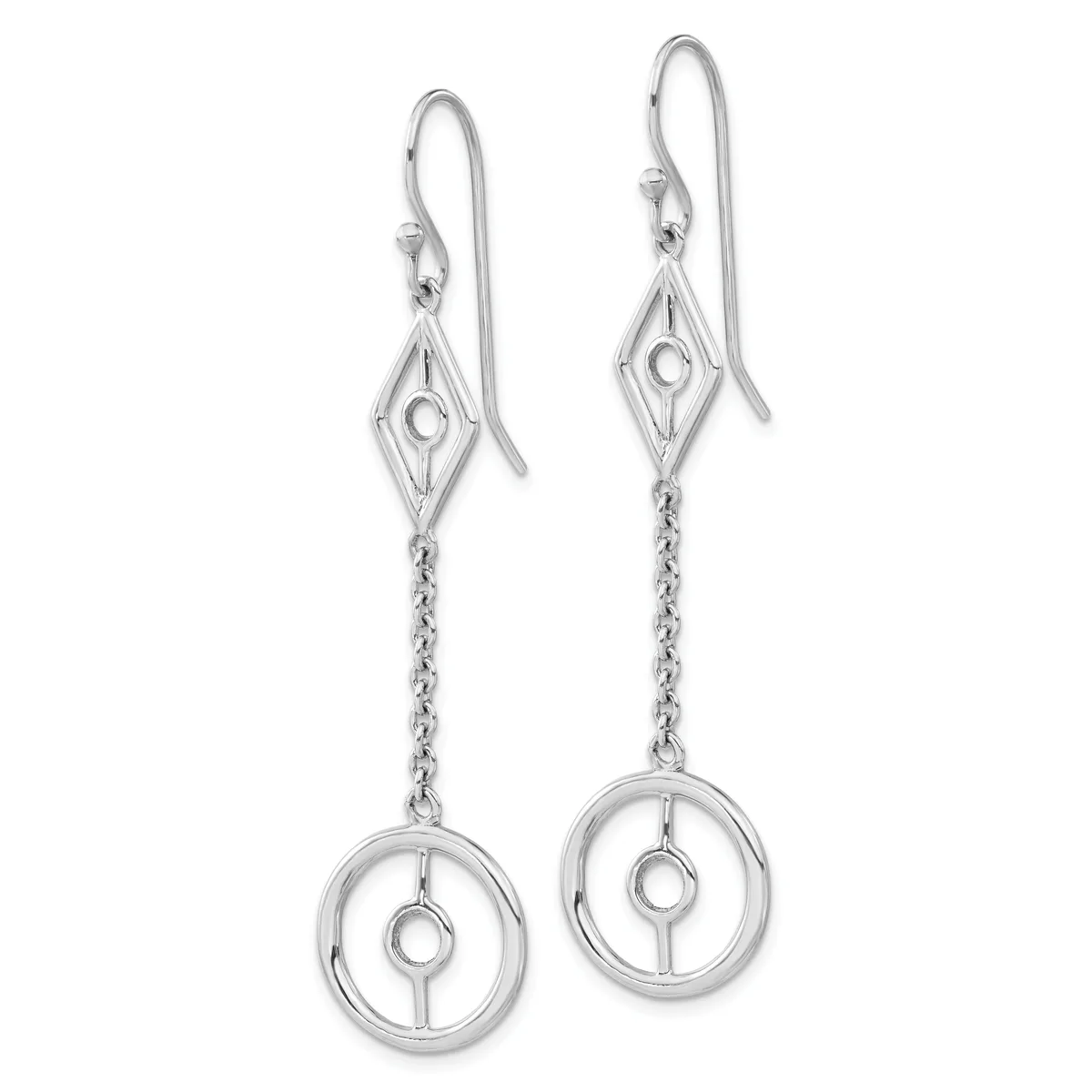 Pair of silver dangle earrings with diamond-shaped tops connected by chain links to circular pendant drops, displayed against a white background.