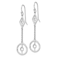 Pair of silver dangle earrings with diamond-shaped tops connected by chain links to circular pendant drops, displayed against a white background.