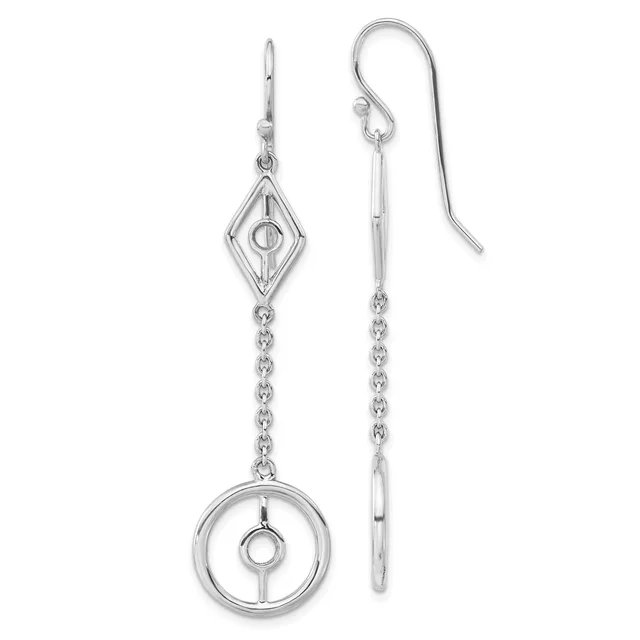 Pair of silver dangle earrings with diamond-shaped tops and circular bottoms connected by chain links, displayed on a white background.