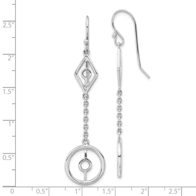 Pair of silver-toned dangle earrings with diamond-shaped tops and circular pendants connected by chain links, displayed against a measurement scale.
