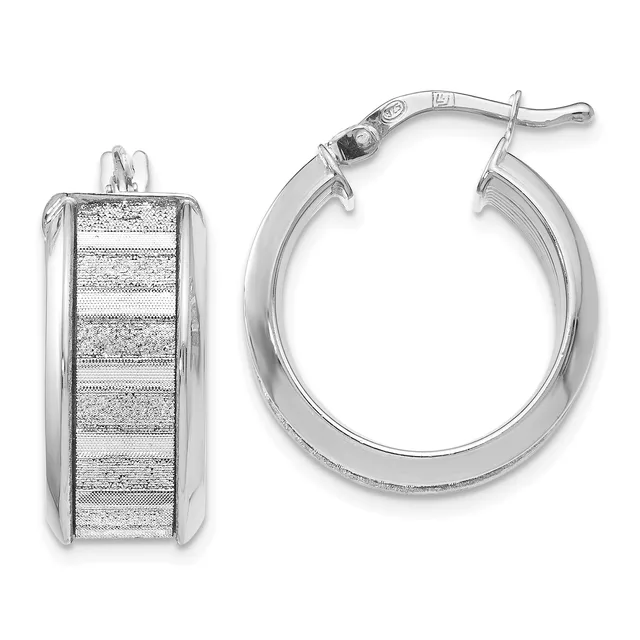 A pair of silver hoop earrings with textured rectangular face panels and polished rounded edges, shown from front and side views.
