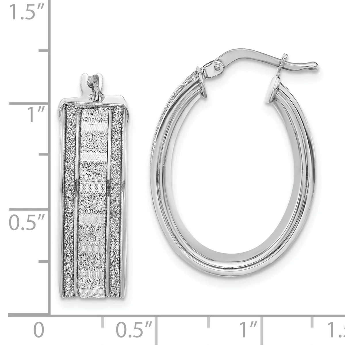 Two silver hoop earrings displayed against a measurement scale: a textured rectangular pendant earring and a smooth oval hoop earring with a post-and-ball closure.