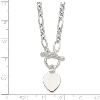 Silver-toned chain necklace with alternating oval and figure-eight links, toggle clasp, and a blank heart-shaped pendant, shown against a measurement scale.