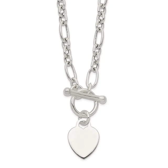 Silver-toned chain necklace with alternating oval and smaller round links, featuring a toggle clasp and a polished heart-shaped pendant hanging from the center.