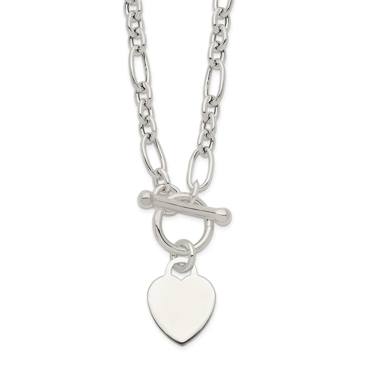 Silver-toned chain necklace with alternating oval and smaller round links, featuring a toggle clasp and a polished heart-shaped pendant hanging from the center.
