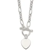 Silver-toned chain necklace with alternating oval and smaller round links, featuring a toggle clasp and a polished heart-shaped pendant hanging from the center.