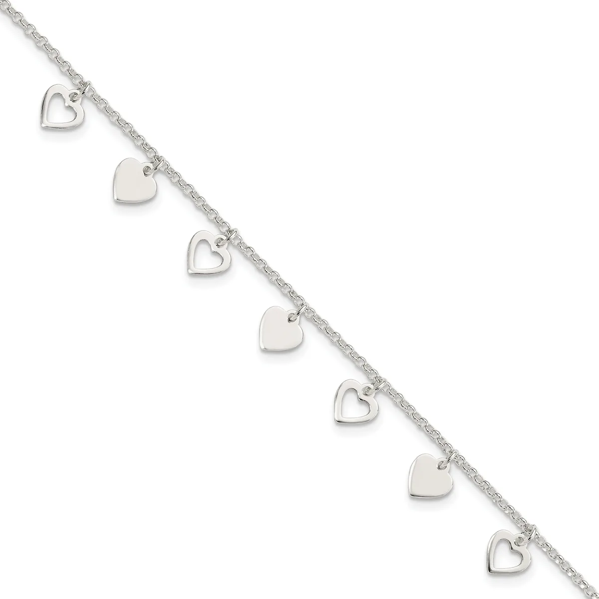 Silver bracelet with an alternating pattern of solid heart charms and open heart outlines hanging from a delicate chain.