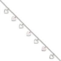 Silver bracelet with an alternating pattern of solid heart charms and open heart outlines hanging from a delicate chain.