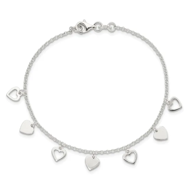 Sterling silver bracelet with textured chain and seven dangling heart charms in varying sizes, shown against a white background.