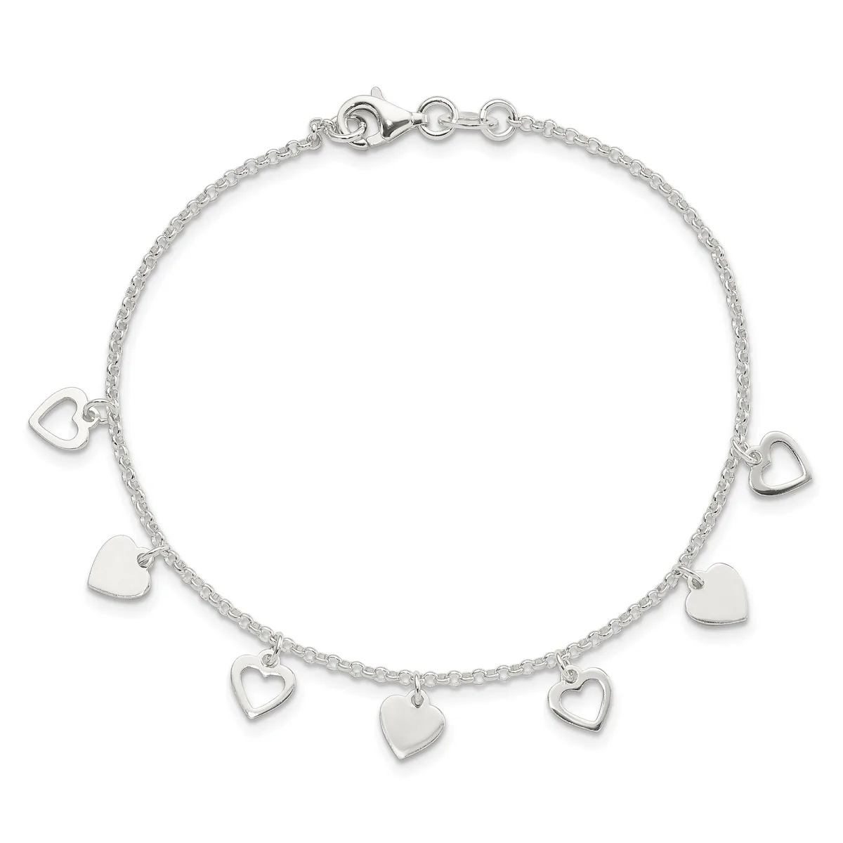 Sterling silver bracelet with textured chain and seven dangling heart charms in varying sizes, shown against a white background.