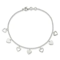 Sterling silver bracelet with textured chain and seven dangling heart charms in varying sizes, shown against a white background.