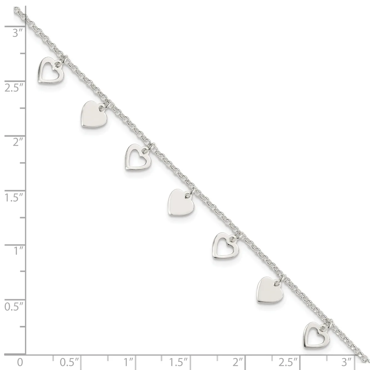 Silver bracelet with alternating solid and open heart charms displayed against a ruler showing 3 inches in length.