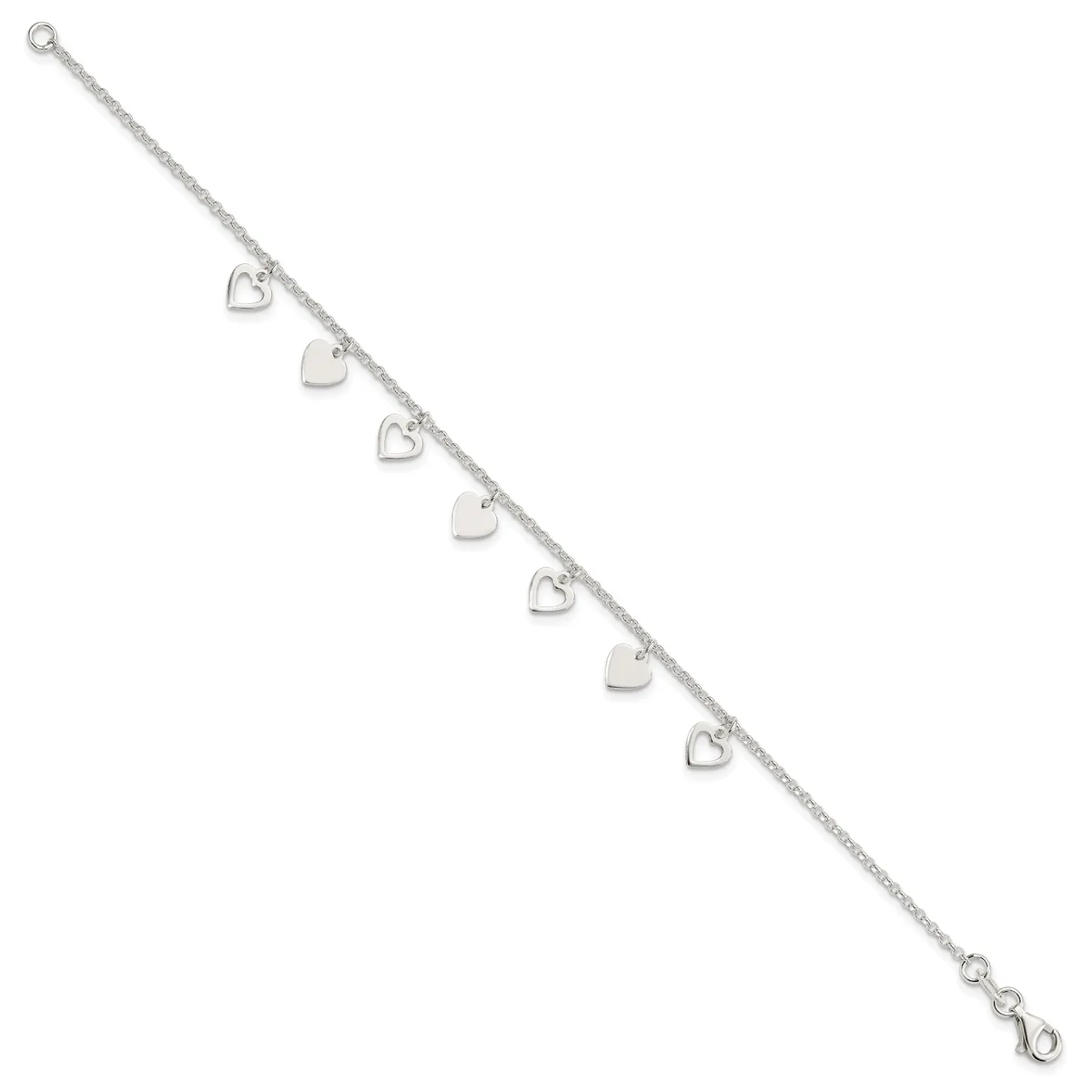 Silver bracelet with alternating solid and outlined heart charms hanging from a delicate chain, featuring a lobster clasp closure.
