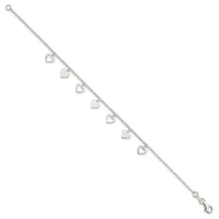 Silver bracelet with alternating solid and outlined heart charms hanging from a delicate chain, featuring a lobster clasp closure.