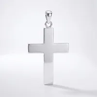 A polished silver cross pendant with a rectangular bail loop attached to the top, displayed against a white background.