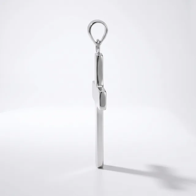 A stainless steel turnbuckle with a loop eye at the top and a hook-and-eye closure mechanism in the middle, displayed vertically against a white background.