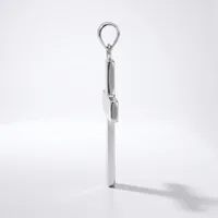 A stainless steel turnbuckle with a loop eye at the top and a hook-and-eye closure mechanism in the middle, displayed vertically against a white background.