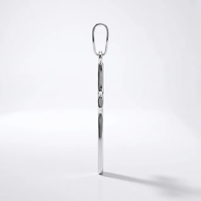 A polished metal carabiner clip attached to a long vertical metal rod, displayed against a white background with a shadow.