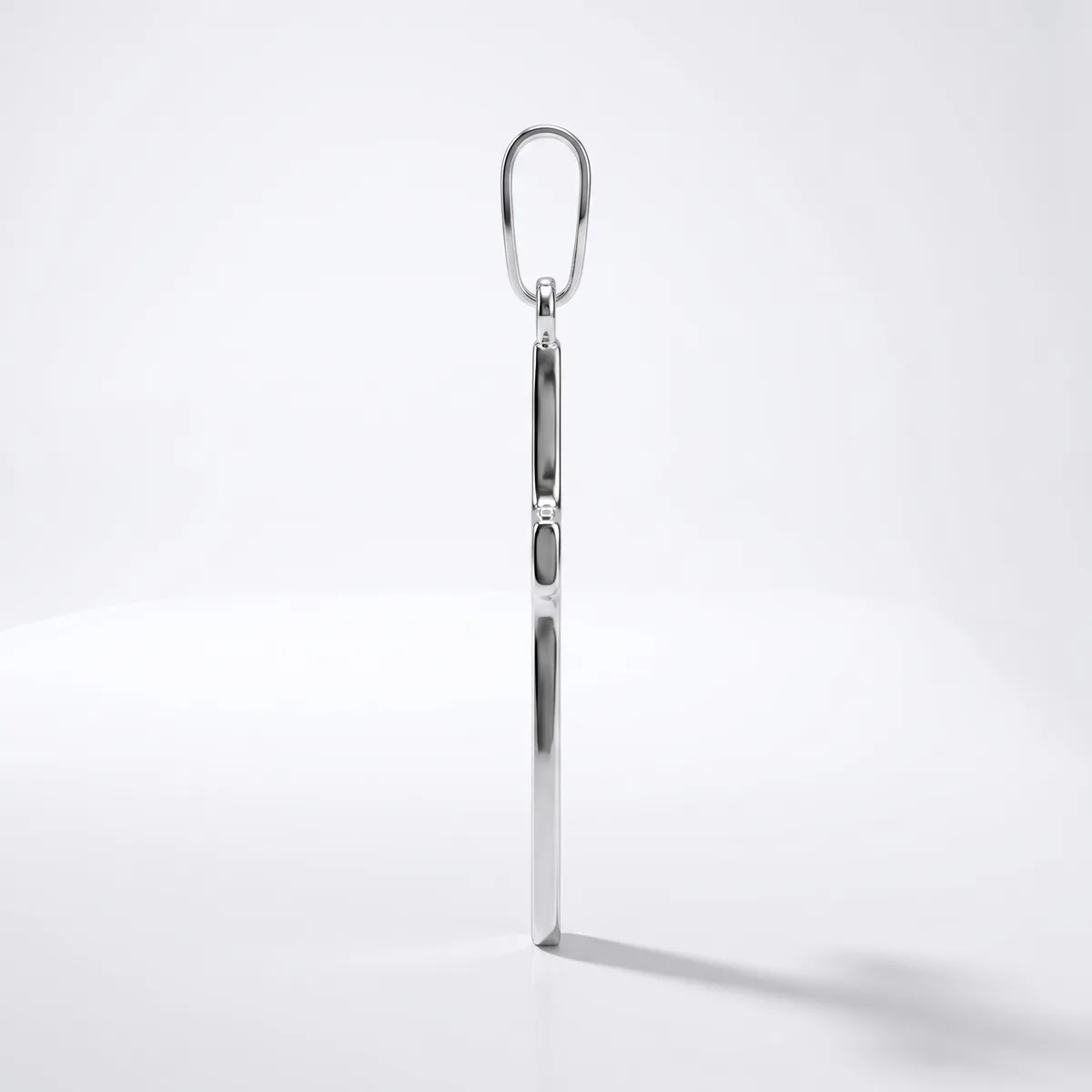 A polished metal carabiner clip attached to a long vertical metal rod, displayed against a white background with a shadow.