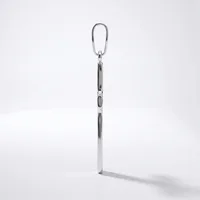 A polished metal carabiner clip attached to a long vertical metal rod, displayed against a white background with a shadow.