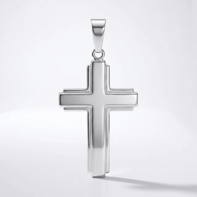 A polished silver cross pendant with a hollow center design and a bail loop at the top, displayed against a white background.