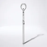 A polished metal eye bolt with a long shaft and threaded section, shown vertically against a white background with its shadow visible.