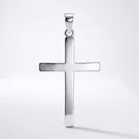 A polished silver cross pendant with a rectangular outline design and small loop attachment at the top, displayed against a white background.