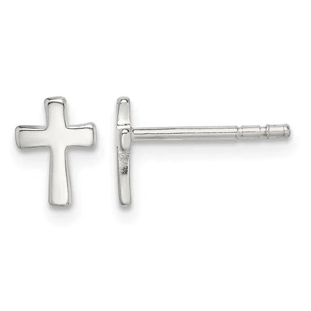 Pair of silver cross stud earrings shown from front and side views, featuring hollow outlined cross designs with posts and backs.