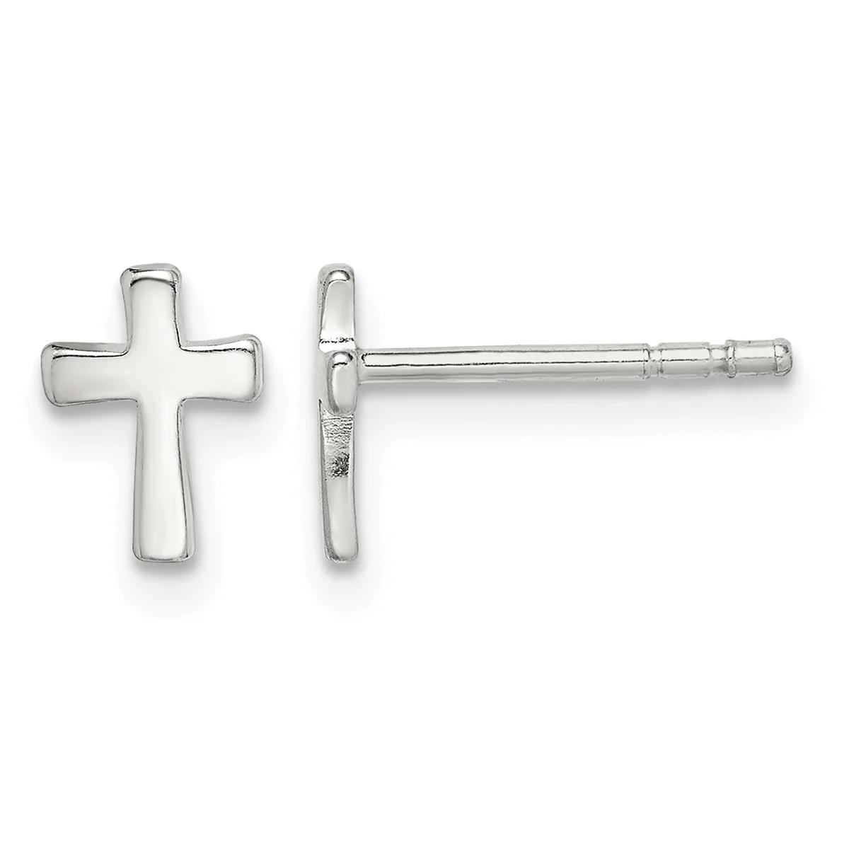 Pair of silver cross stud earrings shown from front and side views, featuring hollow outlined cross designs with posts and backs.