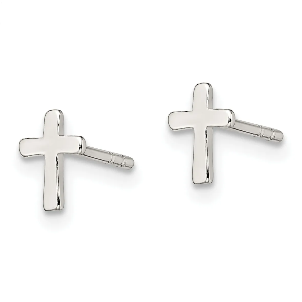 A pair of polished silver cross-shaped stud earrings with posts and backs, displayed against a white background.