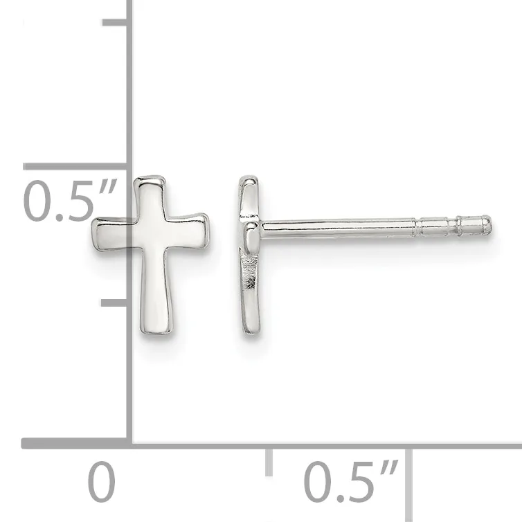 A pair of silver cross stud earrings shown front and side view, measuring approximately 0.5 inches tall, displayed on a measurement scale.