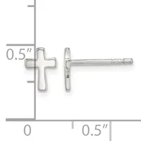 A pair of silver cross stud earrings shown front and side view, measuring approximately 0.5 inches tall, displayed on a measurement scale.