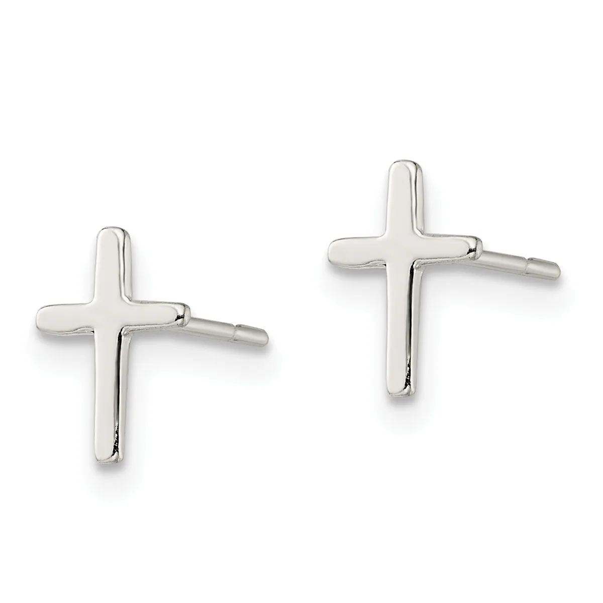 A pair of polished silver cross-shaped stud earrings displayed against a white background.