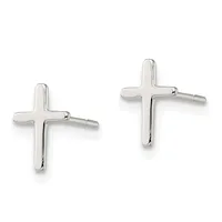 A pair of polished silver cross-shaped stud earrings displayed against a white background.