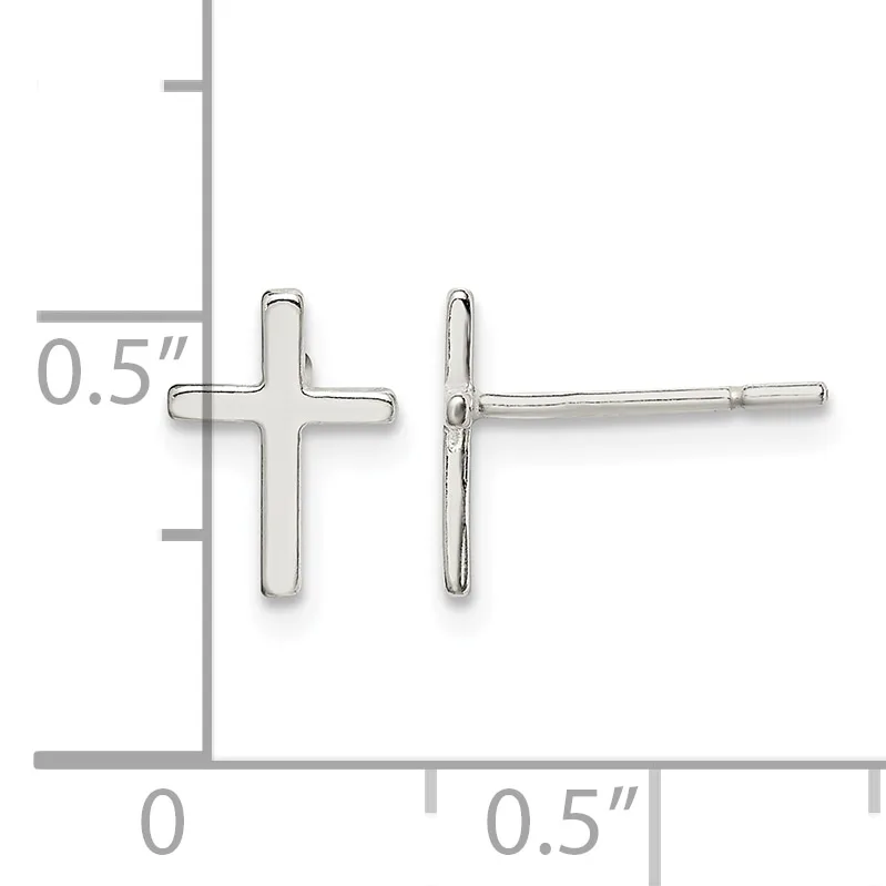 Two silver cross stud earrings displayed next to a ruler showing they are approximately 0.5 inches tall.