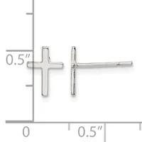 Two silver cross stud earrings displayed next to a ruler showing they are approximately 0.5 inches tall.