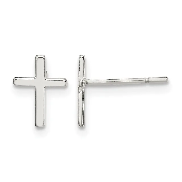 Pair of polished silver cross stud earrings shown from front and side views.