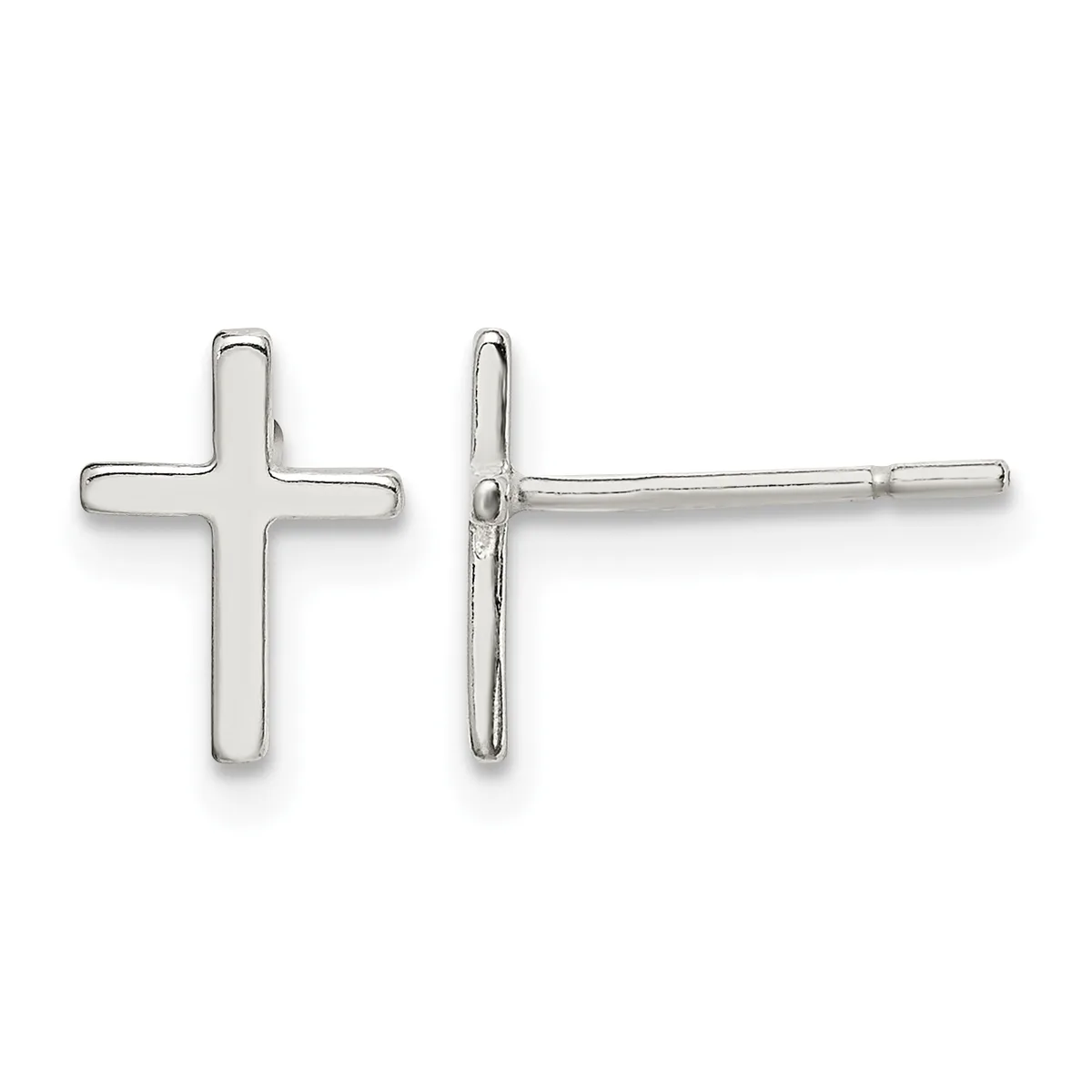 Pair of polished silver cross stud earrings shown from front and side views.
