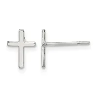 Pair of polished silver cross stud earrings shown from front and side views.