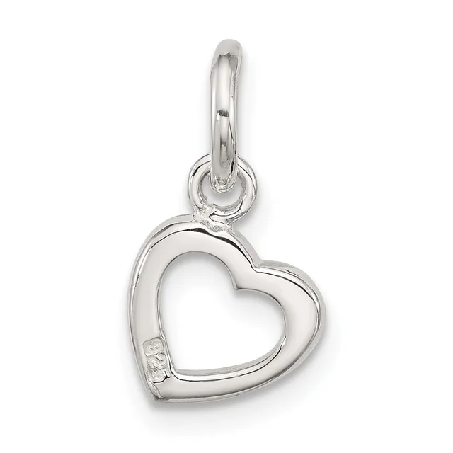 A sterling silver heart-shaped pendant with an open center hangs from a thin bail loop against a white background.