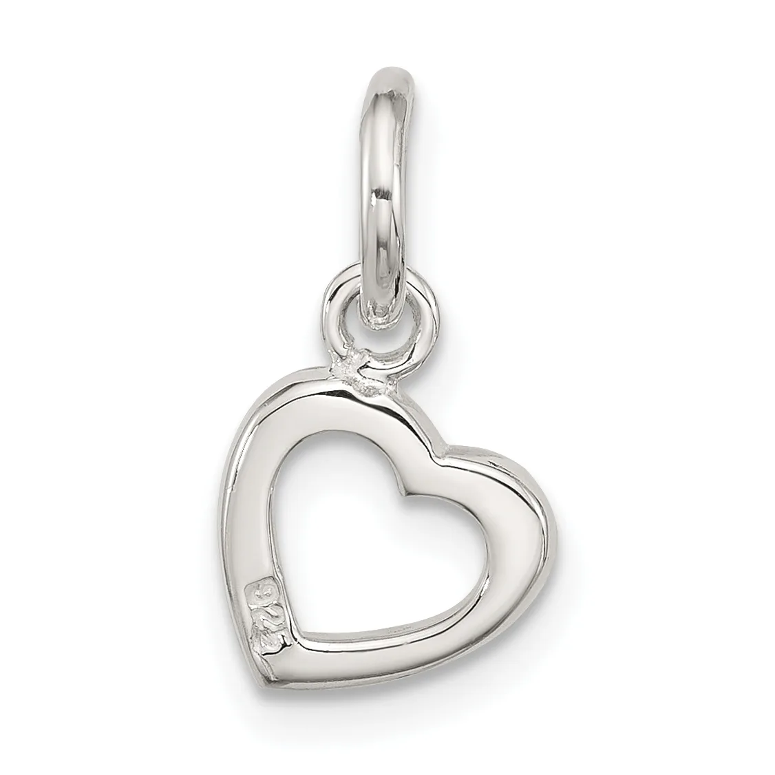 A sterling silver heart-shaped pendant with an open center hangs from a thin bail loop against a white background.