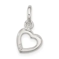 A sterling silver heart-shaped pendant with an open center hangs from a thin bail loop against a white background.