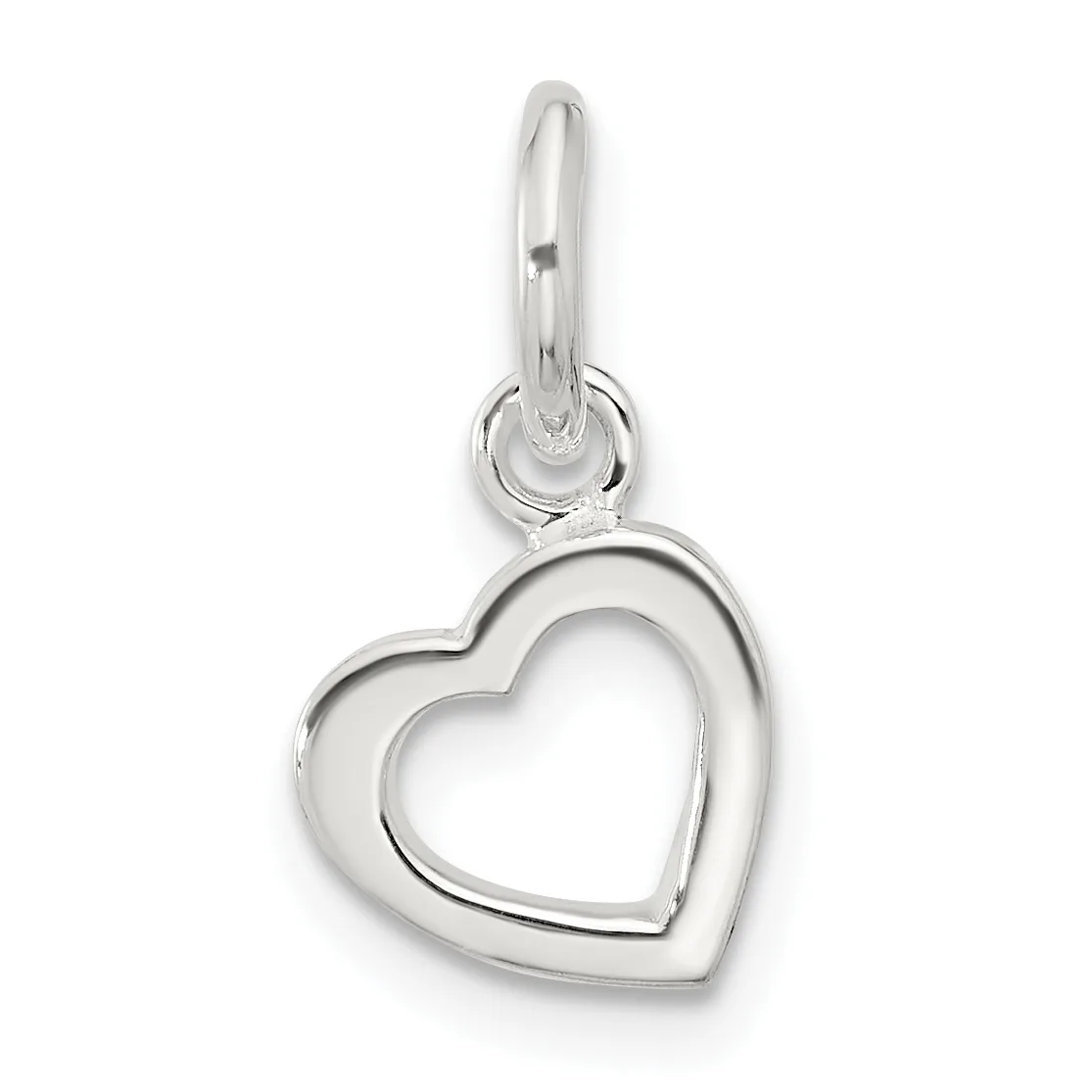 A sterling silver heart-shaped pendant with a hollow center, suspended from a small loop and bail at the top.