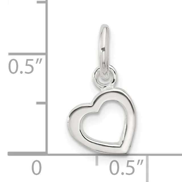 Sterling silver heart-shaped pendant with hollow outline design, shown next to a measurement scale indicating approximately 0.5 inches in height.