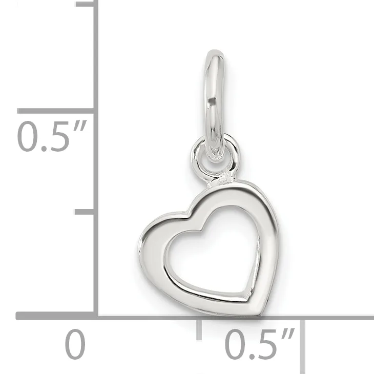 Sterling silver heart-shaped pendant with hollow outline design, shown next to a measurement scale indicating approximately 0.5 inches in height.