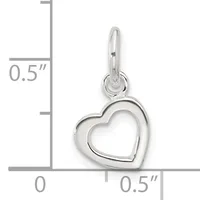 Sterling silver heart-shaped pendant with hollow outline design, shown next to a measurement scale indicating approximately 0.5 inches in height.