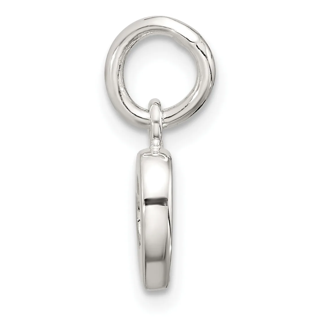 A polished silver pendant charm with an oval shape and small hallmark, suspended from a matching silver jump ring.