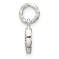 A polished silver pendant charm with an oval shape and small hallmark, suspended from a matching silver jump ring.