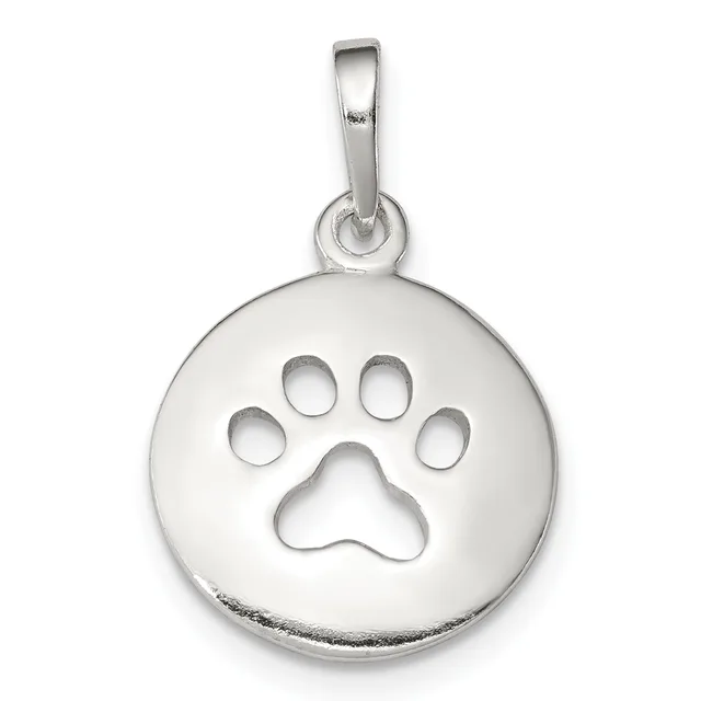 Silver pendant featuring a circular disc with a cutout paw print design, suspended from a rectangular bail loop.